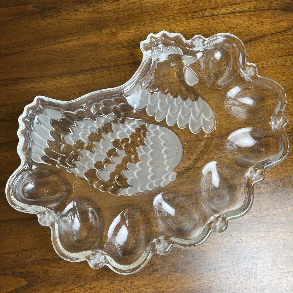 Studio Nova Barnyard Divided 8-Egg Tray 14.25” Frosted Glass Hen Dish Platter